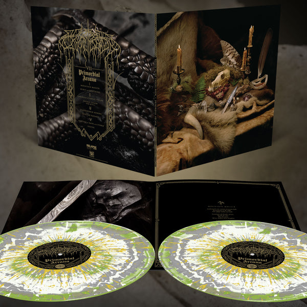 PRIMORDIAL ARCANA DLX 2xLP - White, Silver and Olive Green Three Color Merge with Heavy White, Mustard and Silver Splatter